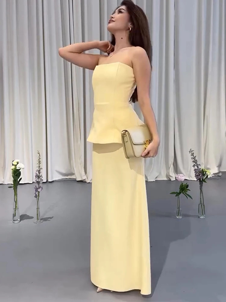 Fashion Womens Tube Top Skirt Suit Sleeveless Solid Slim Lady Sets 2025 Spring Summer Elegant 2 Pieces Set Women Vacation 250513