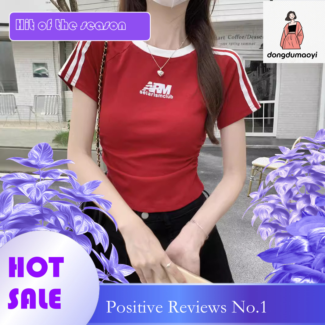 dongdumaoyi American style three bar splicing sleeved T-shirt for women's summer hot girls, slim fit slimming, waist cinching and pleated short t