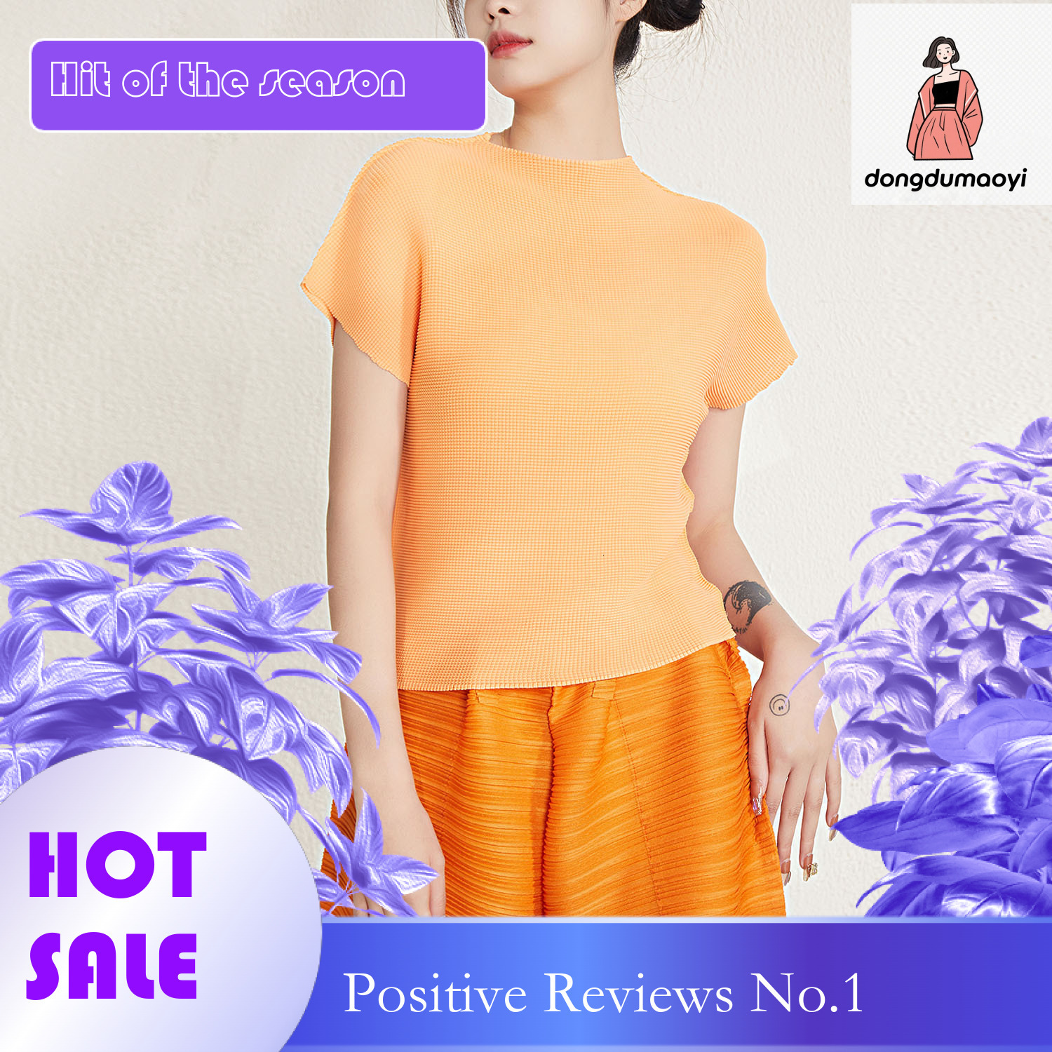 dongdumaoyi Miyake chic and beautiful top 2023 summer design sense niche round neck slimming pleated t-shirt for women