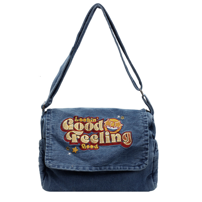 Korean version denim shoulder large capacity shopping embroidered fabric women's tote student class bag, commuting bag