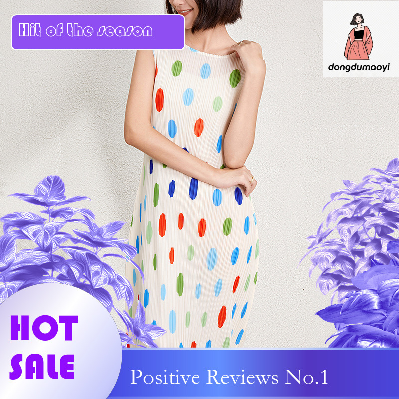 dongdumaoyi Colorful polka dot dress for women s summer new Miyake seaside vacation style loose fit slim figure temperament long skirt