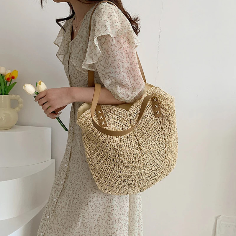 Summer Straw Bags for Women Shoulder Rattan Woven Top Handle Bag Hollow Raffia Crochet Beach Casual Handbags 250514