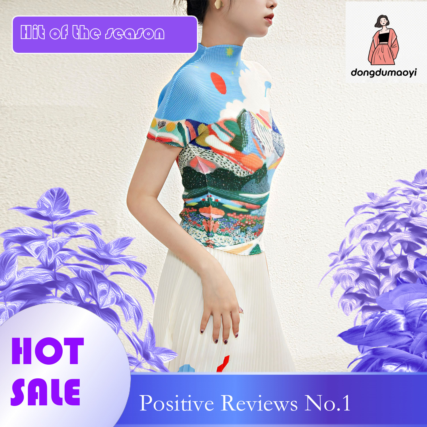 dongdumaoyi Miyake high neck for women, with a niche design elegant printed temperament. Short sleeved T-shirt versatile and slimming pleated top
