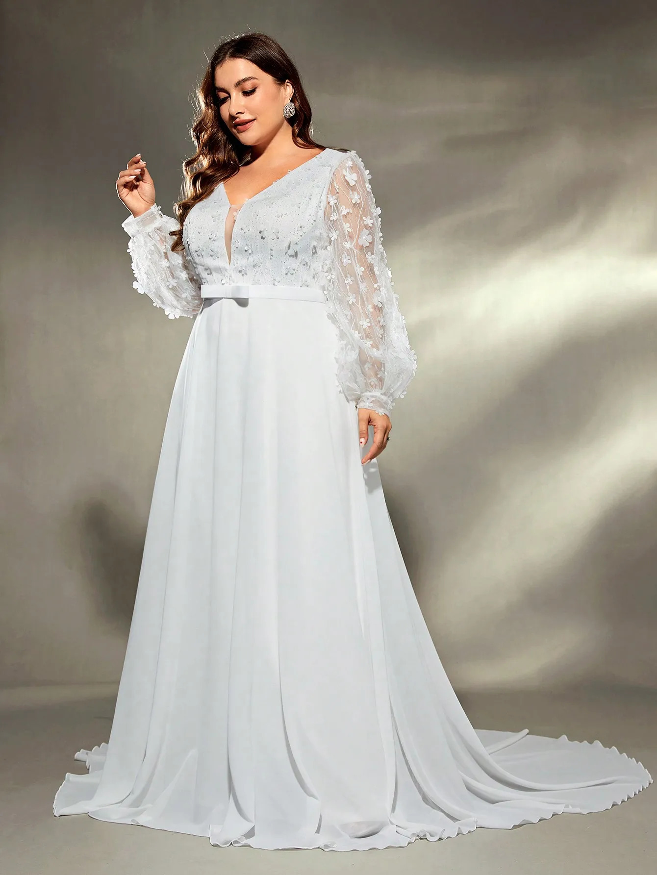 Mgiacy plus size Vneck threedimensional embroidery chiffon train wedding dress Evening gown Ball Party 250506