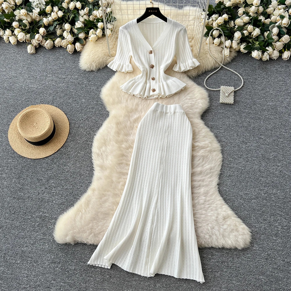 YuooMuoo Fashion Womens Two Piece Set Elegant Vneck Ruffled Knitted Tops and Wrapped Hips Long Skirts Clothes for Women 250514