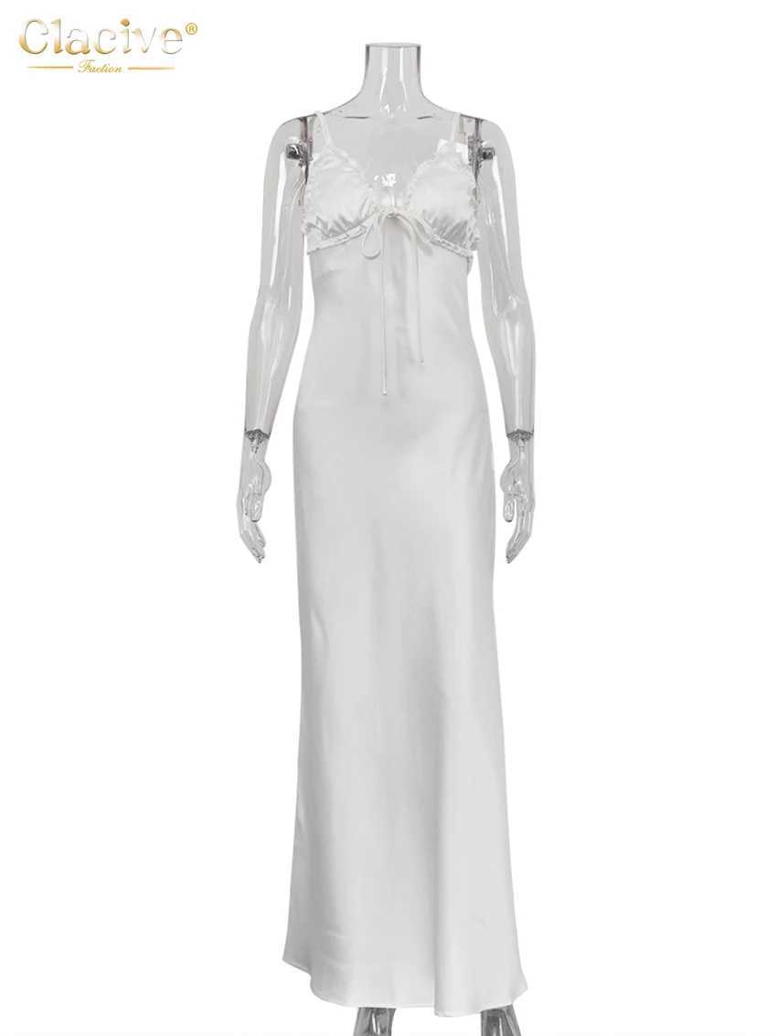 Clacive Summer Slim White Satin Womens Dress 2025 Fashion Strap Sleeveless Maxi Dresses Elegant Classic Backless Female DressXJ250514