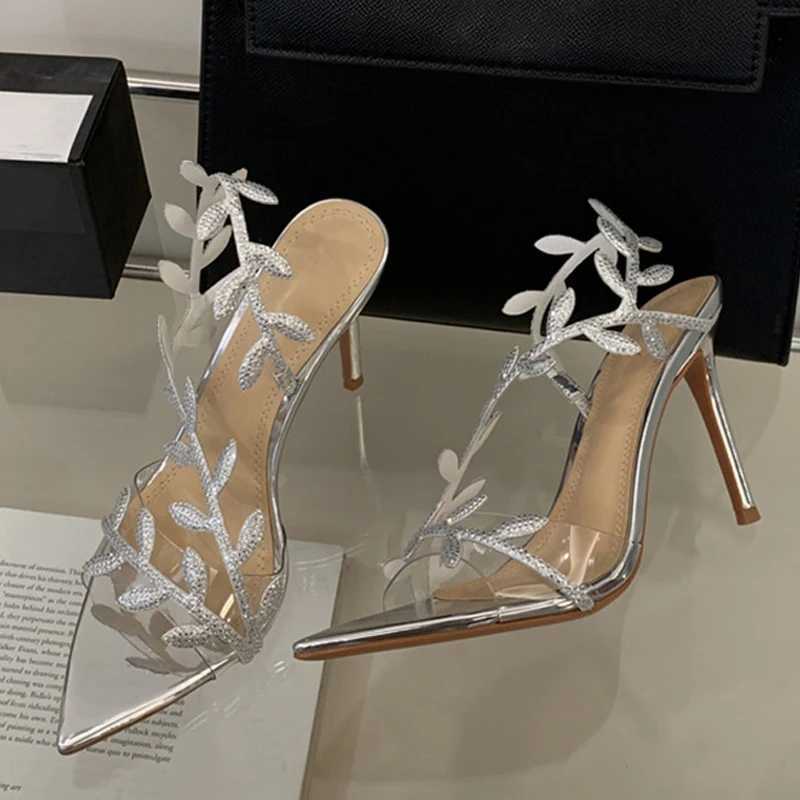 Likes 2025 Summer Fashion Crystal Rhinestone Gold Leaf Women Sandals Elegant Pointed Open Toe Thin High Heels Party Dress Shoes W250514