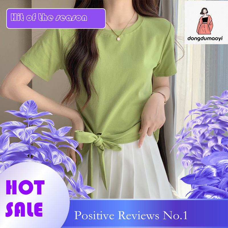 dongdumaoyi 2025 Summer New Short sleeved T-shirt Round Neck Solid Color Irregular Lace Slim Fit Versatile Unique Women's Top