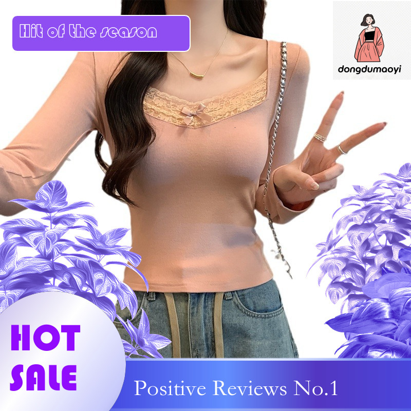 dongdumaoyi French style design round neck long sleeved shirt for women, 2024 autumn lace patchwork short base shirt, inner top