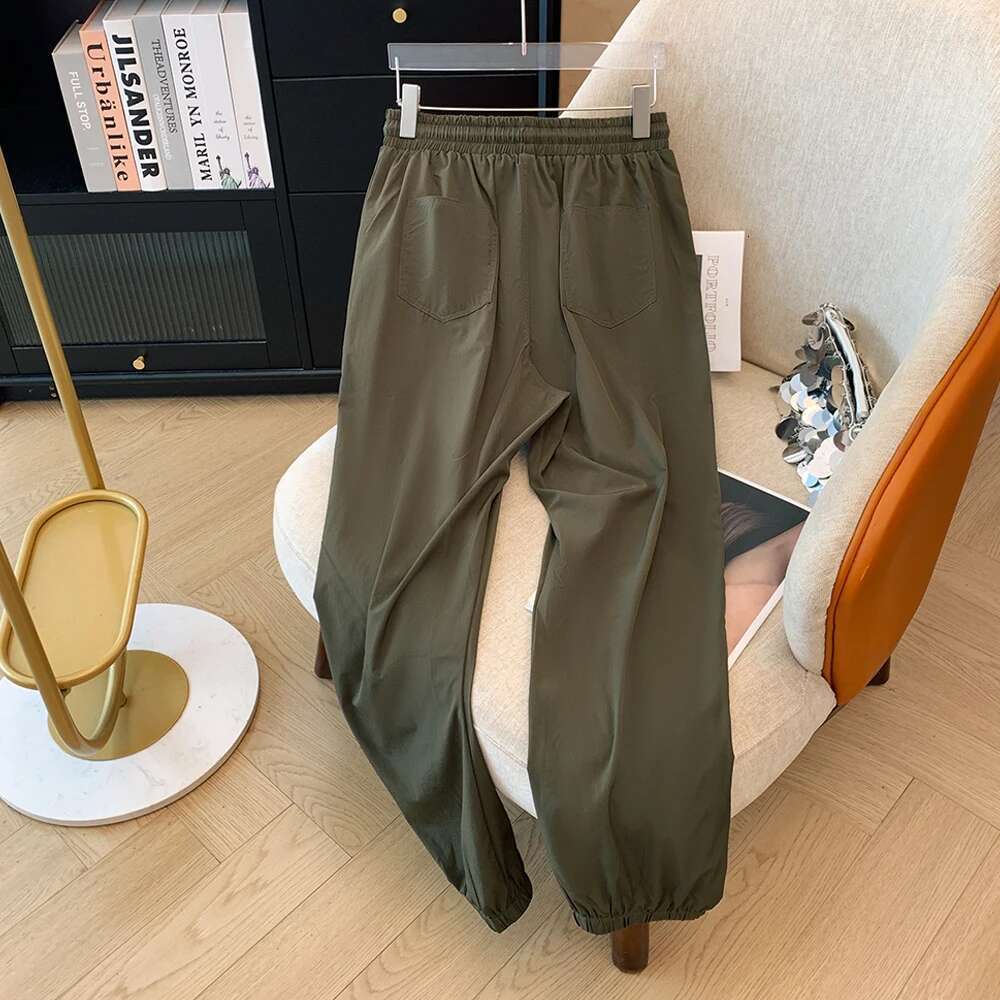 Plus-size women's spring-fall casual commuter slacks Black army green elastic-waist-drawstring pocket straight-leg pants large