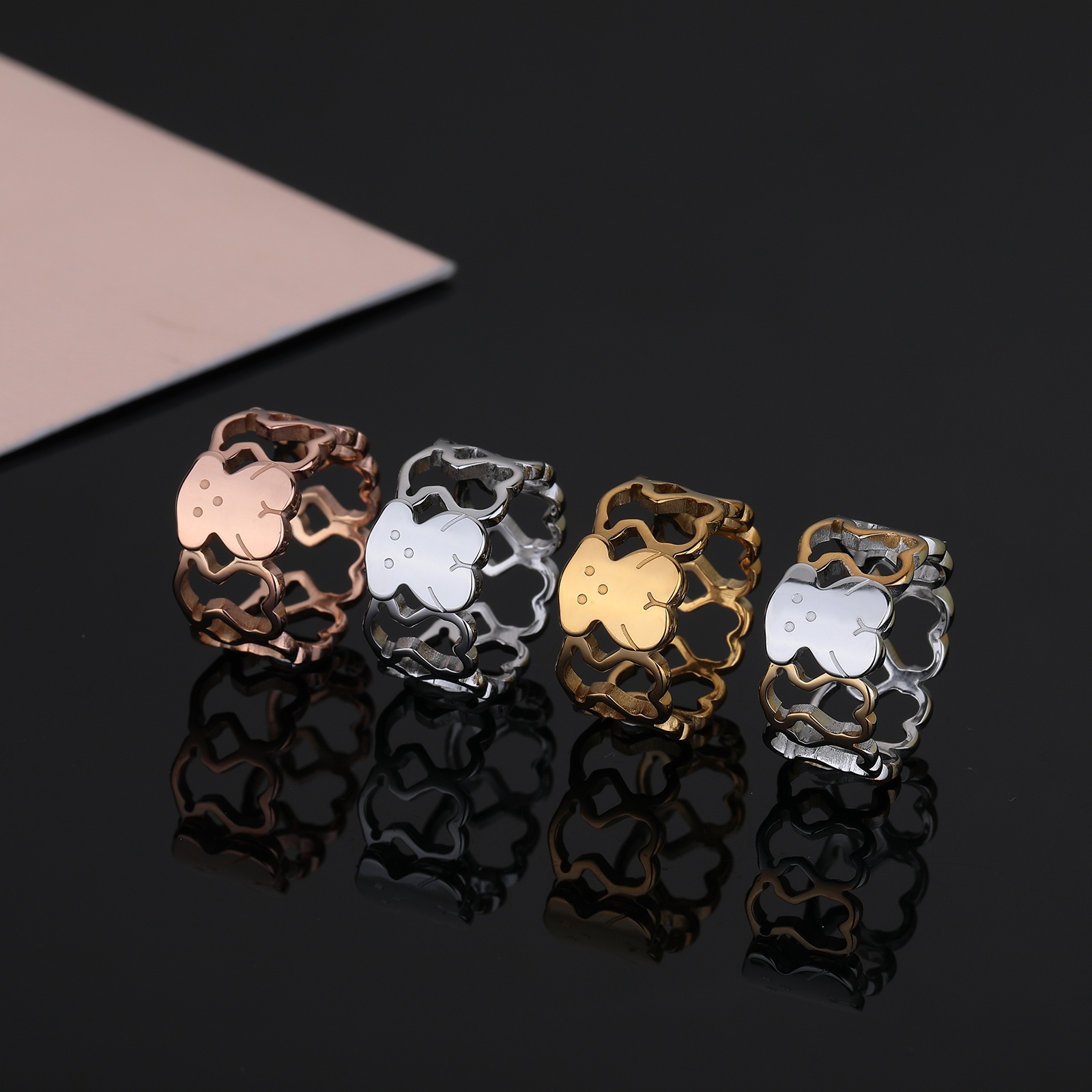 Fashion Women Men Animal Bear Heart Circle Rings Stainless Steel Silver Rose Gold Hollow Circle Span Jewelry