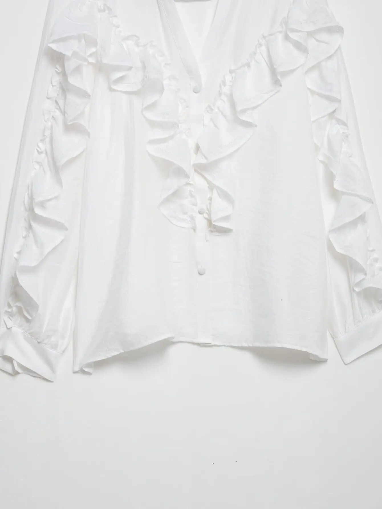 PB ZA Womens Longsleeved Blouse Vneck with Ruffled Decorations on Front and Sleeves for a Chic Look 250514