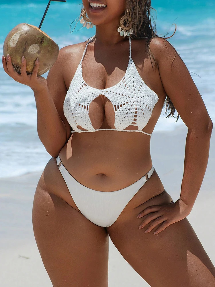 Plus Size Sexy Women Five-Pointed Star Halter Strappy Crochet Bikini Knitted Bikini Top Female Swimsuit Bather Swim Beachwear 250509