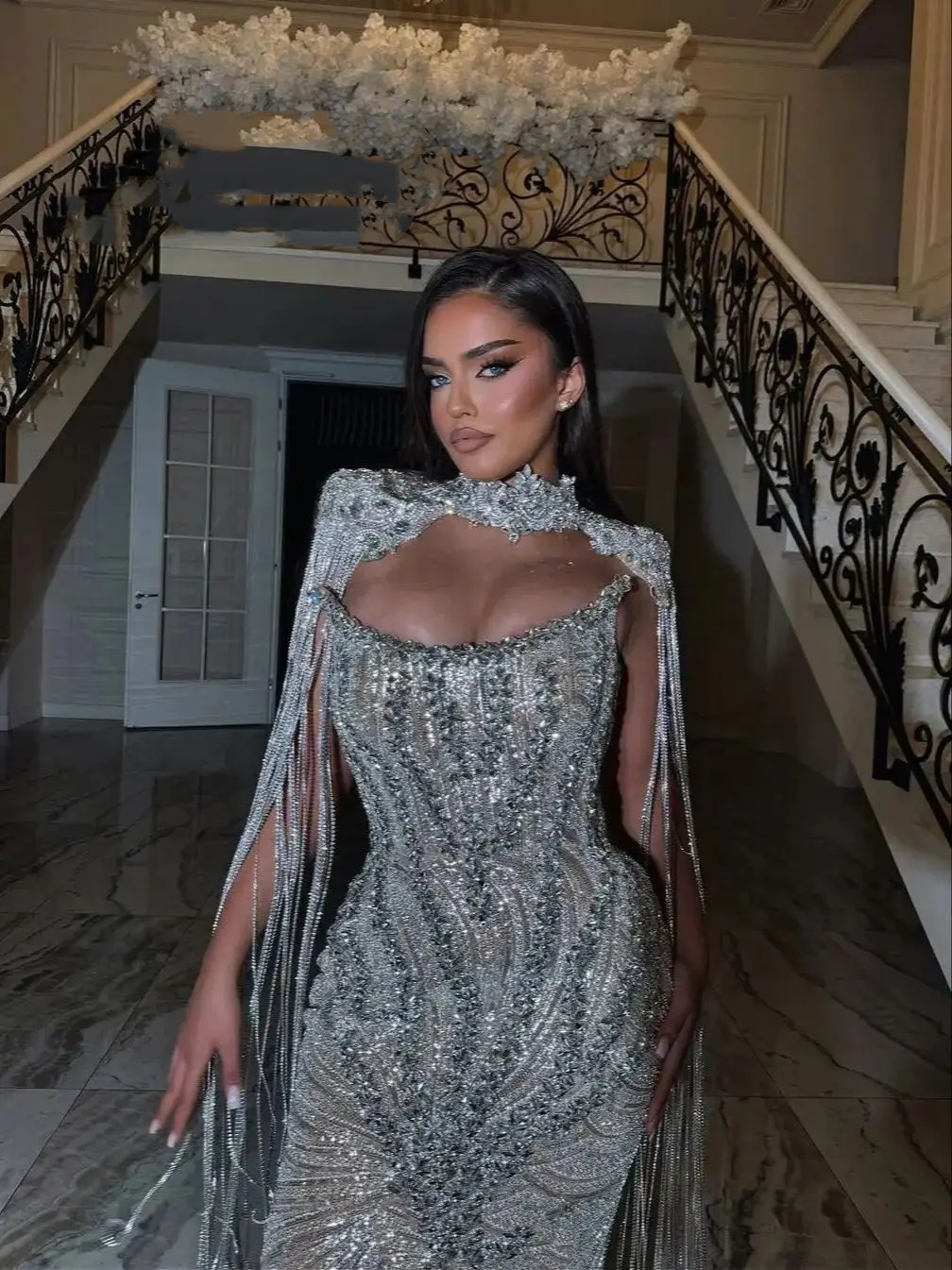Luxury Tassel Prom Dress With Cape Sleeve Customized Beaded Dubai Party Gowns Africa Rhinestones Formal Evening Dresses