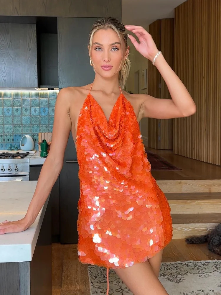 Sequins Glitter Halter Mini Dress Women Backless Sleeveless Evening Party Holiday High Waist Sexy Dresses Fashion Night 250514