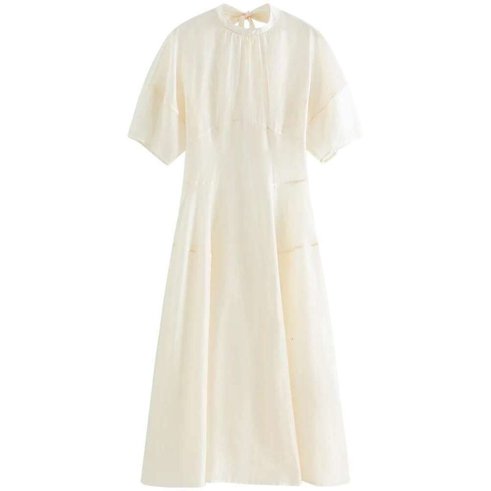 FSLE Women Long Summer Temperament Two Piece Beige Lyocell Short Sleeve Dress+Sleeveless Vest Dress Suit 24Fs12929