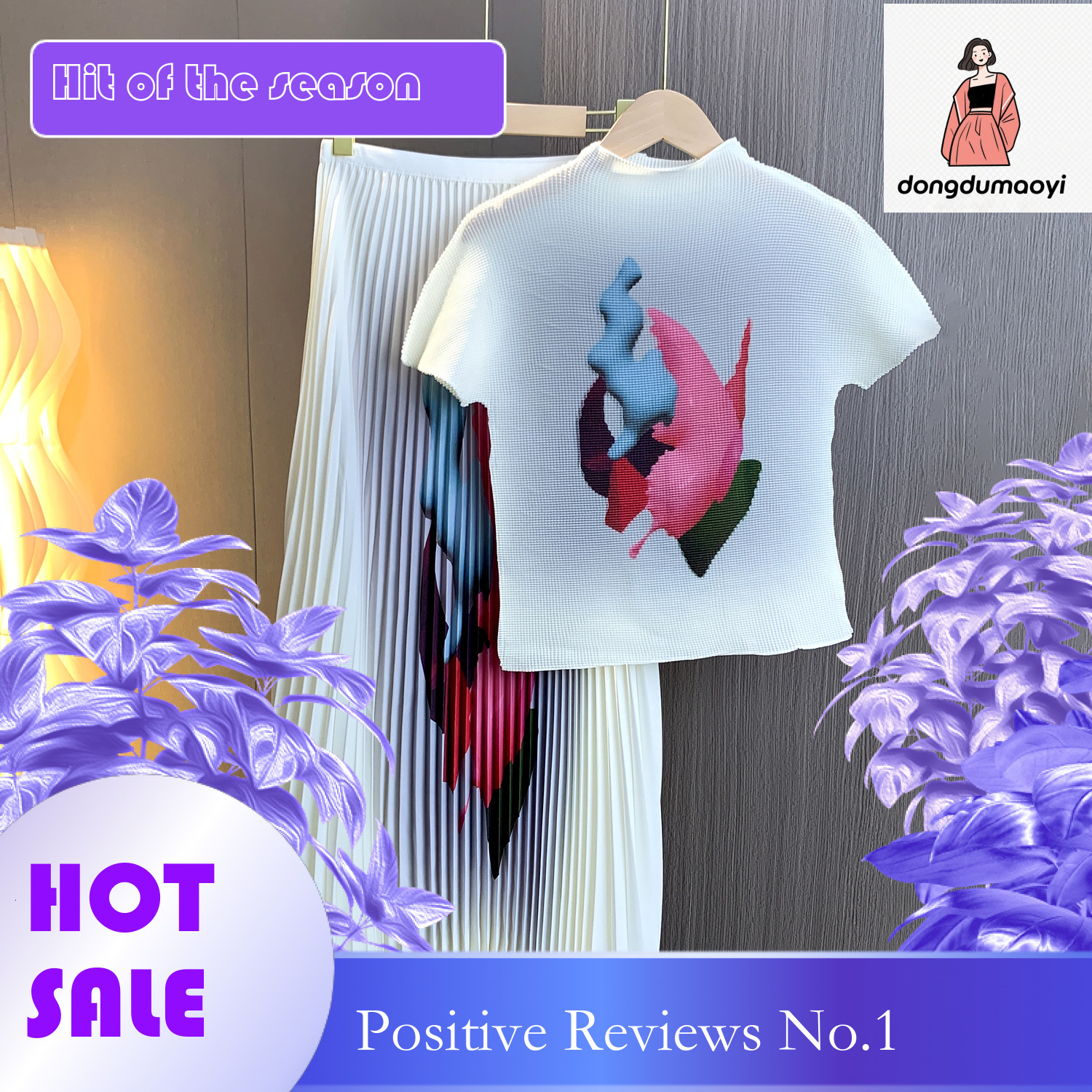 dongdumaoyi European high-end fashion casual pleated for women's 2024 summer new printed T-shirt, half skirt two-piece set