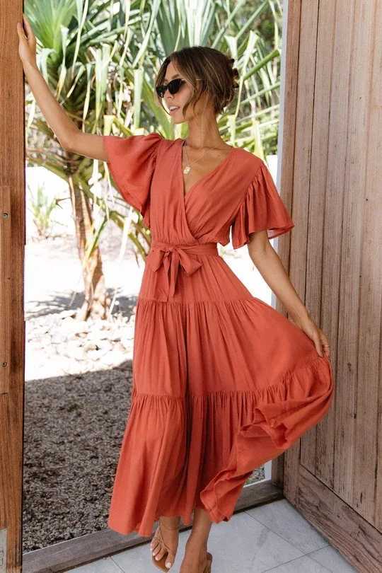 Trendy Solid Color Ruffles Long Dresses Women Sexy V-neck Ruffle Sleeves Leace-up Temperament Elegant Lady Dress 2024 Summer NewXJ250514