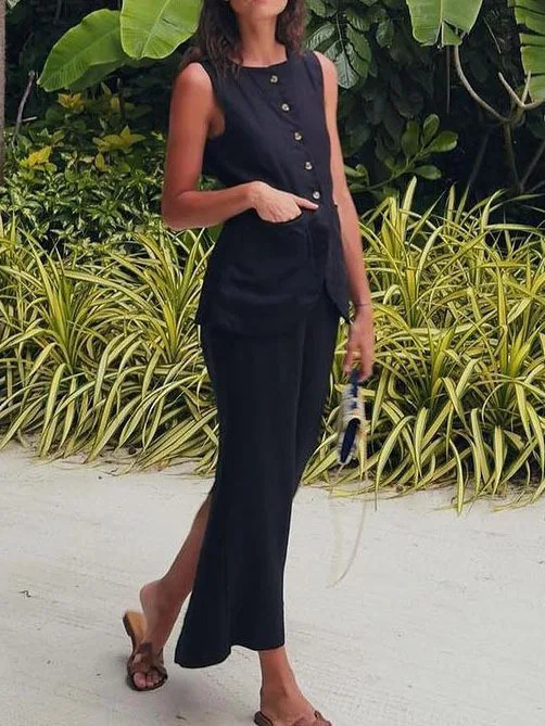 Chic Cotton Linen Long Skirt Set Women Summer Sleeveless Single Breasted Vest Top Back Split Maxi Skirts Lady 2 Piece Suits 250514