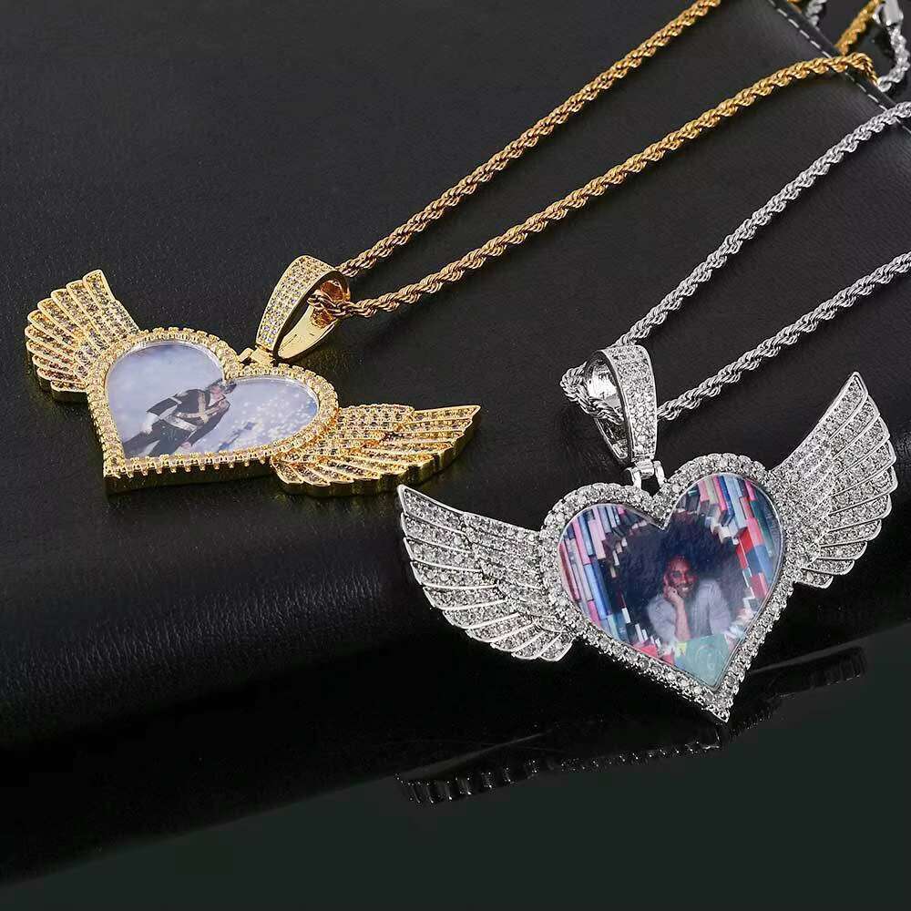 Hip hop Heart Photo Pendant Men's Personalized Memory Picture Necklace with Wings