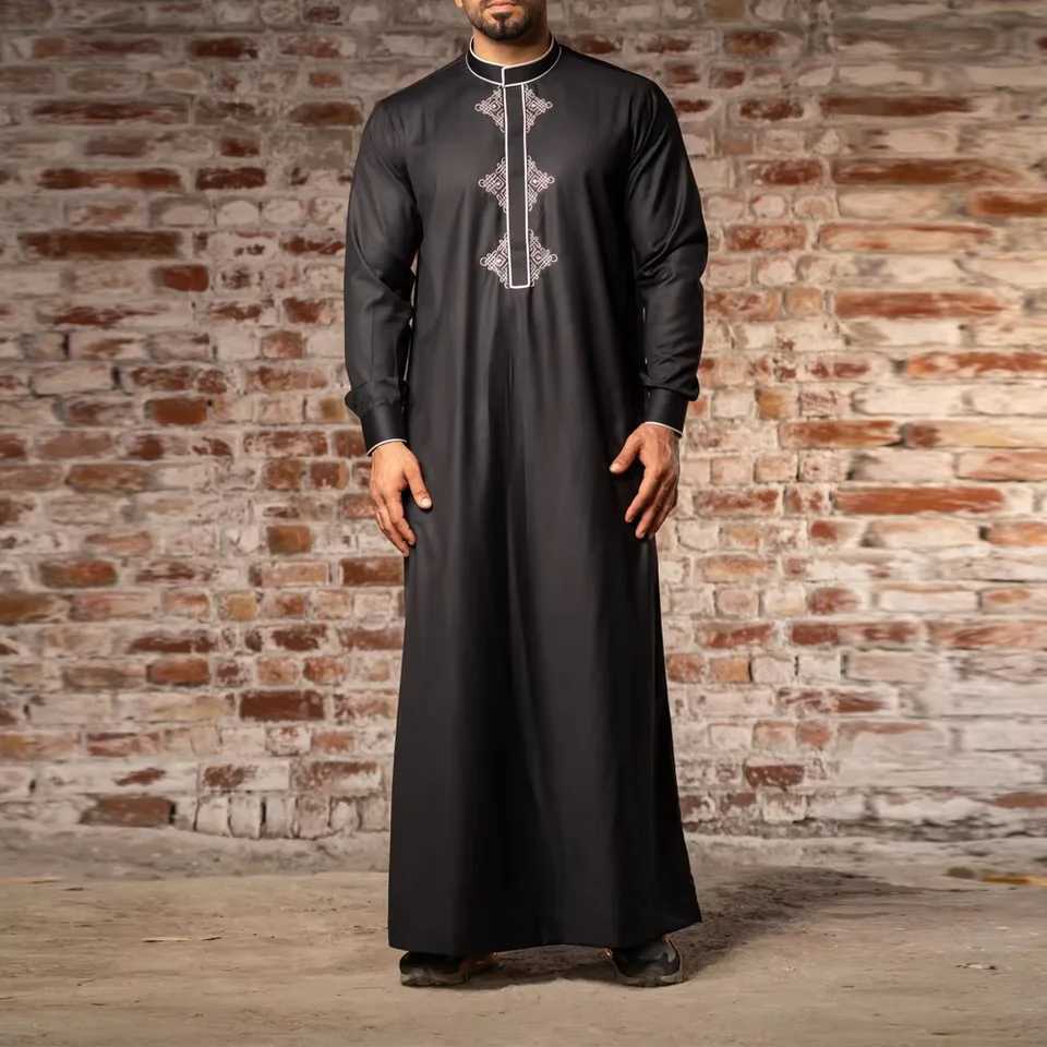 New Muslim Ethnic Mens Robe Black Luxury Embroidered Mens Casual Worship Loose Robe Inner Collar Long Sleeve Robe X250514
