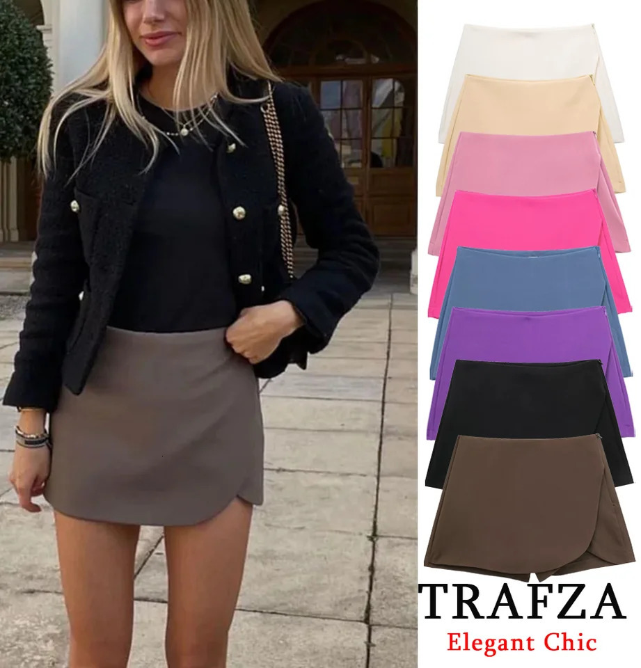 TRAFZA Women Skort High Waist Skirt Pants Brown Asymmetric Shorts Spring Summer Fashion Casual Pink White 250514