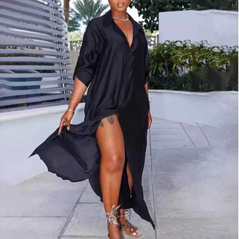 Shirts Dress For Women Full Sleeve Turn-down Neck Single Breasted Satin Maxi Long Dress 2025 Dresses Summer Party Loose DressesXJ250514