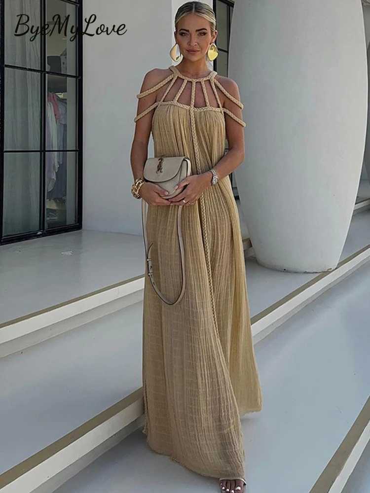 ByeMyLove Loose Sleeveless Beach Dress Backless Maxi Dress For Women Crochet Cut Out Off Shoulder Loose Hem Party Long DressXJ250514