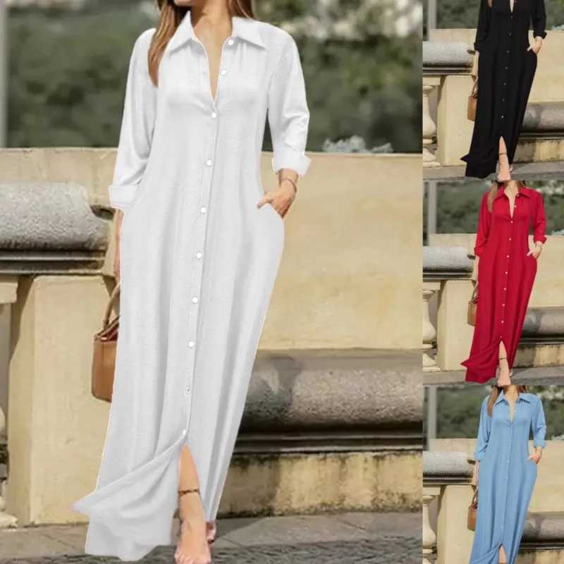 Womens Blouses Maxi Boho Dress Spring Fall Elegant Fashion V-neck Pockets White Long Shirt Dresses For Women Robe Femme VestidosXJ250514