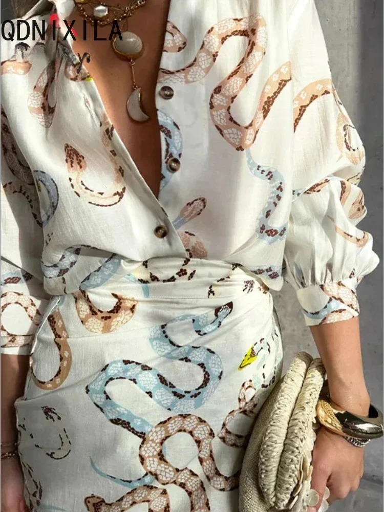 Summer Spring Women Skirts Sets Animal Printed Elegant Oversized Long Sleeve Shirts High Waist Two Piece 250514
