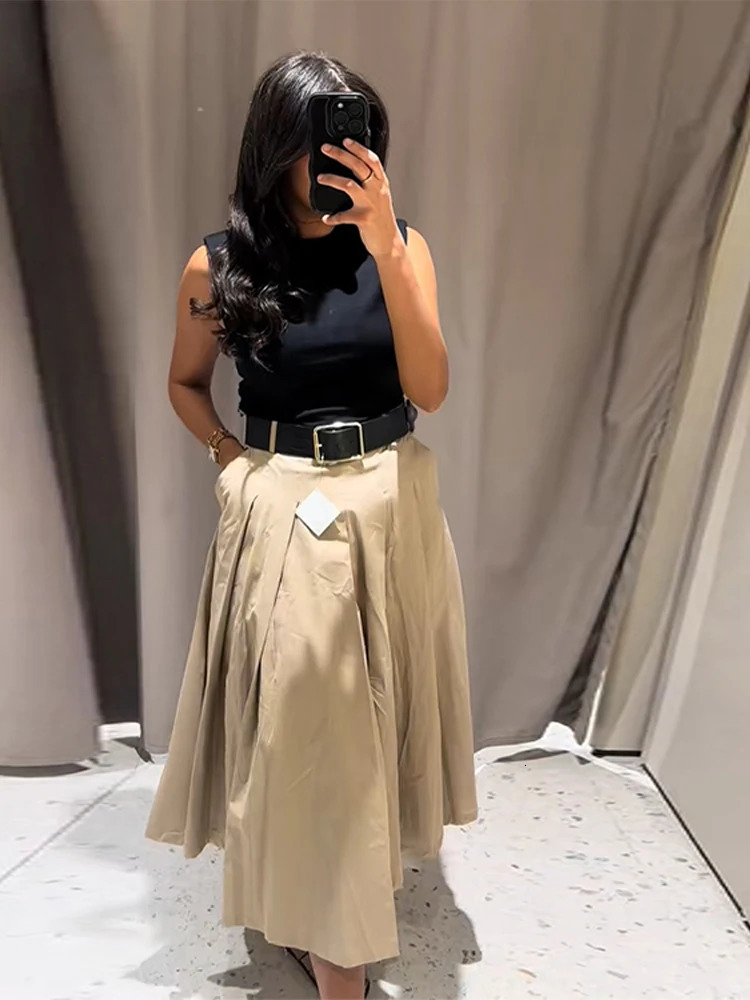 Fashion Patchwork Pleated Long Dress With Belt Women Chic Sleeveless Tank Maxi Midi Lady High Waist Holiday Party Vestidos 250514