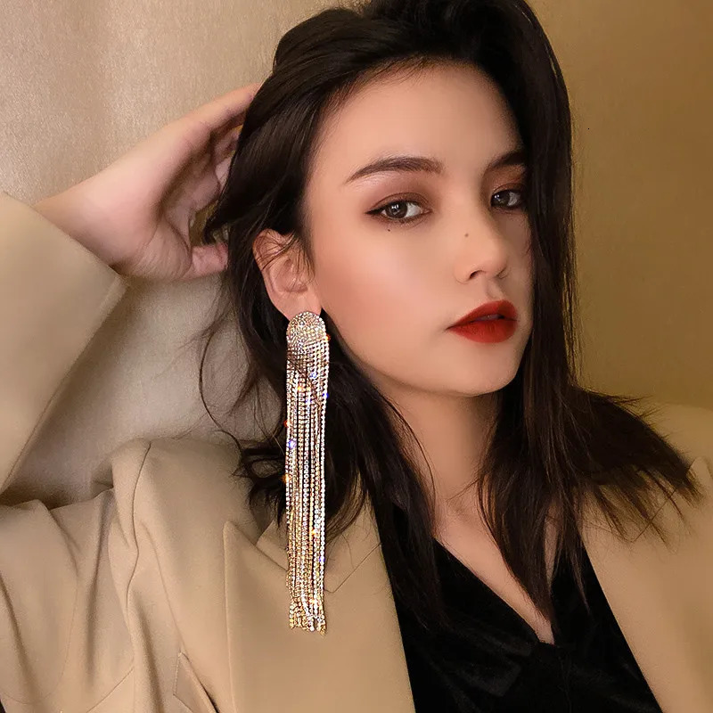 FYUAN Long Tassel Rhinestone Drop Earrings for Women Ovsize Crystal Dangle Earrings Fashion Jewelry 250513