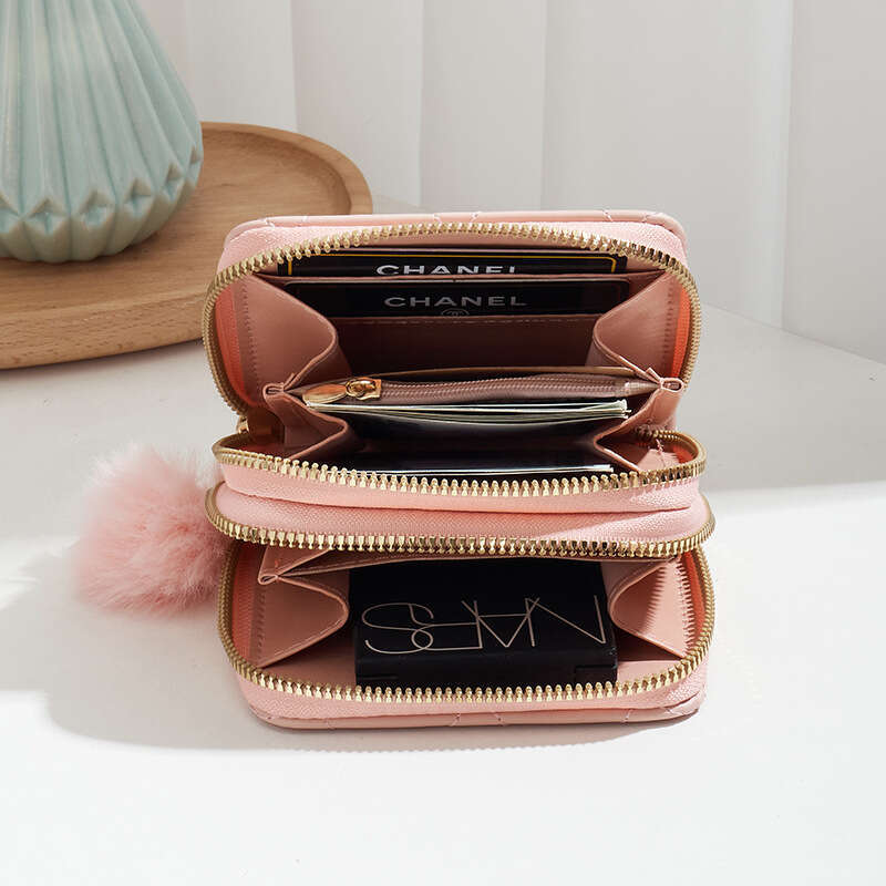Small Hair Ball Bag New Double-Layer Wallet Dia Grid Texture Iron Label Women's Short Handheld Coin Purse