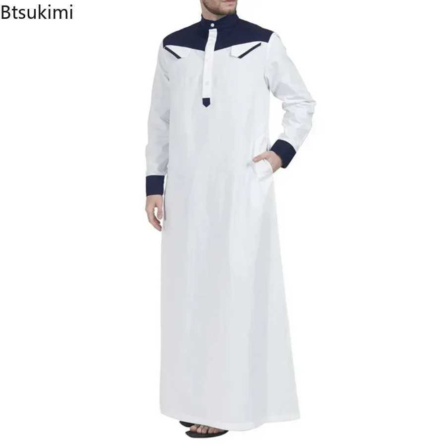 2025 Muslim Thobe Comfortable Men Caftan Long Sleeve Contrast Color Muslim Clothing Mandarin Neck Muslim Robe for Middle East X250514