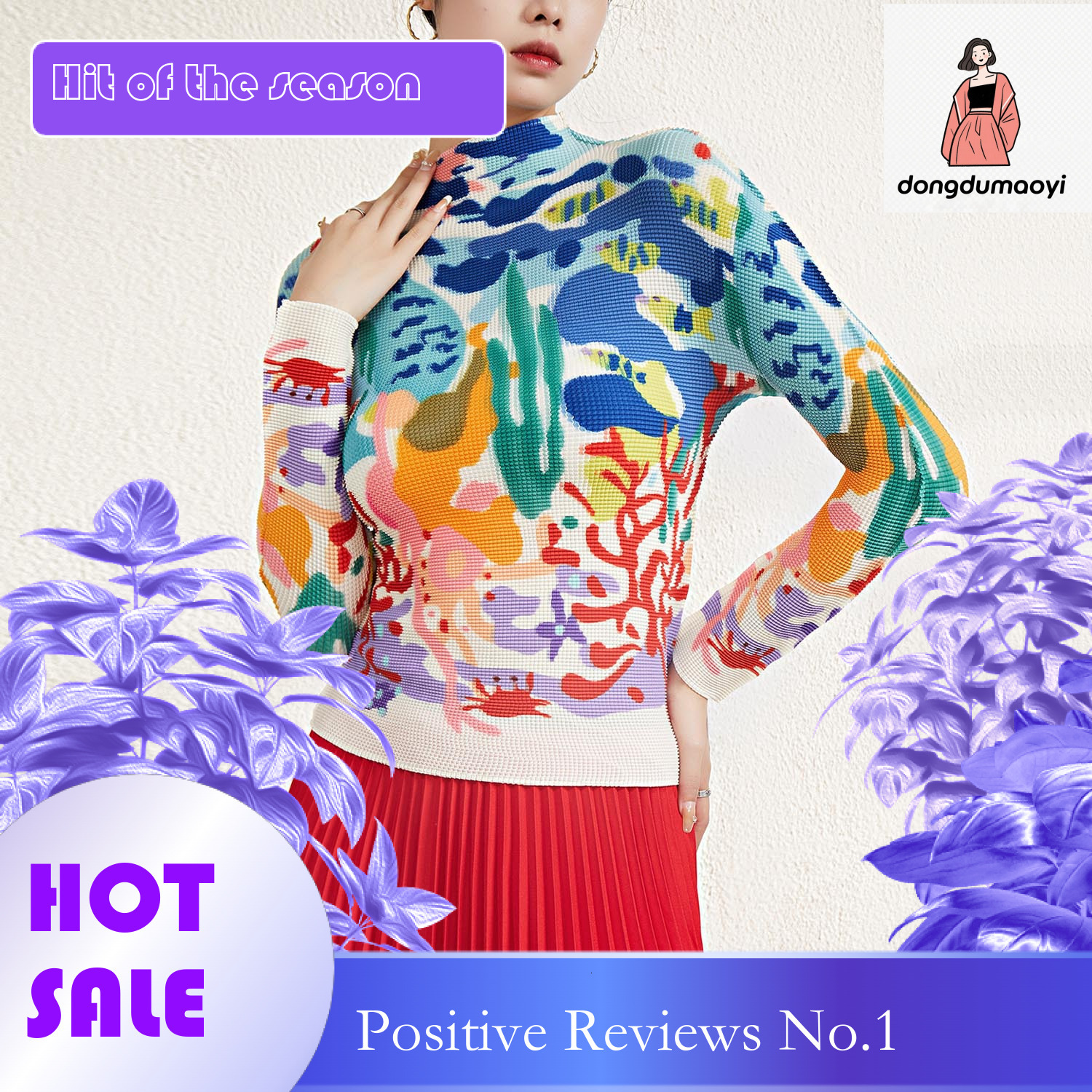 dongdumaoyi Miyake mainline graffiti women's high neck fashionable slim fit top autumn new long sleeved thin T-shirt base shirt for women
