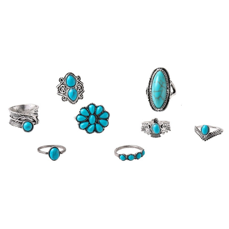 Hot selling Wind Owl Feather Leaf Turquoise 8-piece Set Ring
