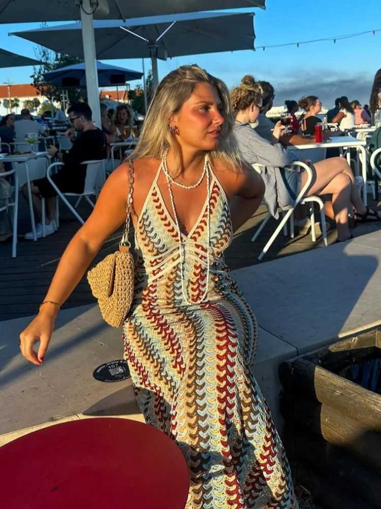 Sexy Printed Colorful Deep V-neck Crochet Maxi Dress Women Chic Sleeveless Backless Sling Slim Dress 2025 Lady Vacation RobesXJ250514