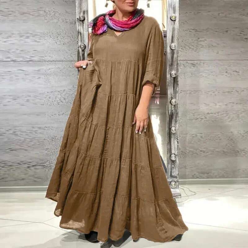 Women's loose elegant sleeved V-neck casual long solid color dress cake skirt autumn plus size