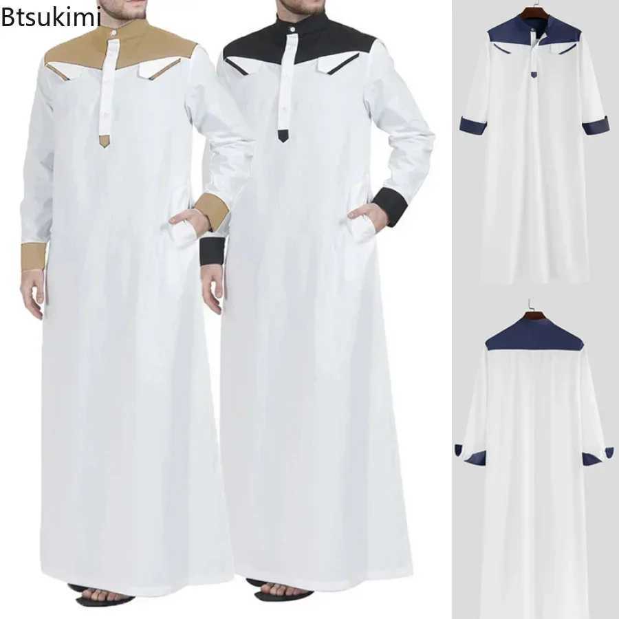2025 Muslim Thobe Comfortable Men Caftan Long Sleeve Contrast Color Muslim Clothing Mandarin Neck Muslim Robe for Middle East X250514