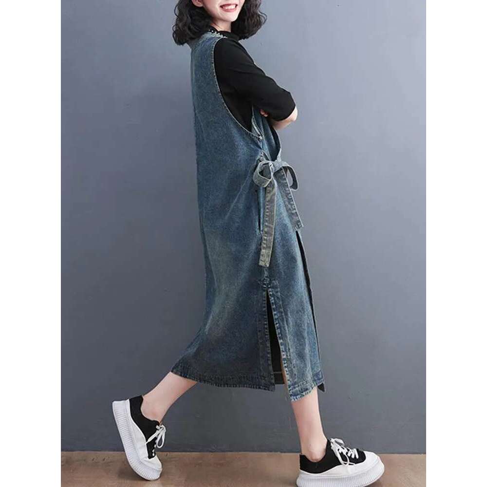 Korean Fall Long Clothes Womens Fashion Loose Belt Sleeveless Denim Dresses Ladies Classic Leisure Vintage Vestidos