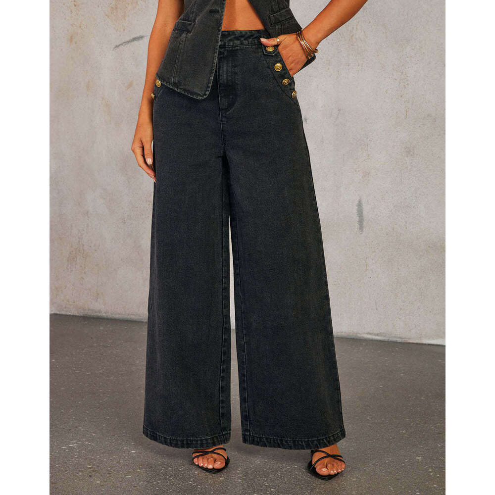 New American Solid Color Loose and Fashionable Long Sleeved Denim Suit Style Wide Leg Pants Washable High Elasticity Ventilation Solid Fashion New Arr