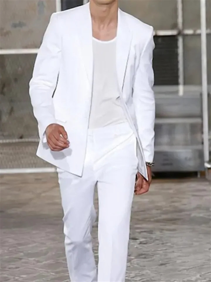 2 Pieces Long Jacket White Trousers Groom Tuxedos Wedding Suits for Men ed Lapel Man Blazers Coat Pants Prom 250506