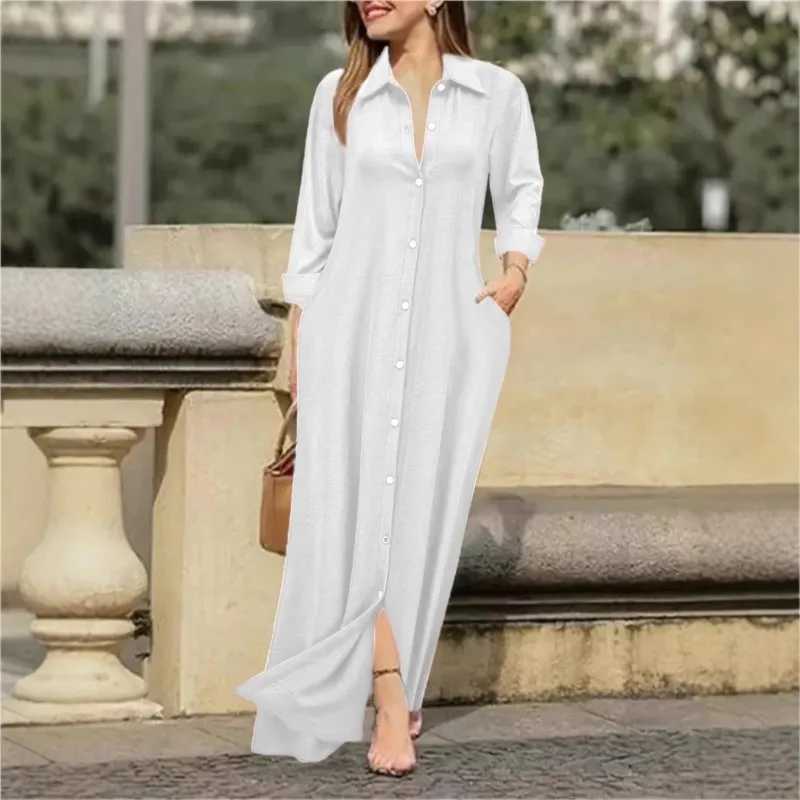 Womens Blouses Maxi Boho Dress Spring Fall Elegant Fashion V-neck Pockets White Long Shirt Dresses For Women Robe Femme VestidosXJ250514