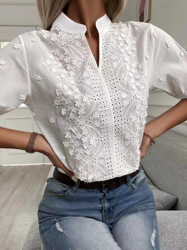 Spring y Women Blouse Fashion Summer Vneck Lantern Sleeve White Shirt Woman Vintage Cotton Hollowout Tops 24350 250514
