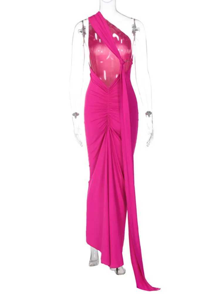 Mozision Oblique Shoulder Backless Maxi Dress For Women Gown Summer Back Strap Sleeveless Ruched Party Sexy Long Dress DressesXJ250514