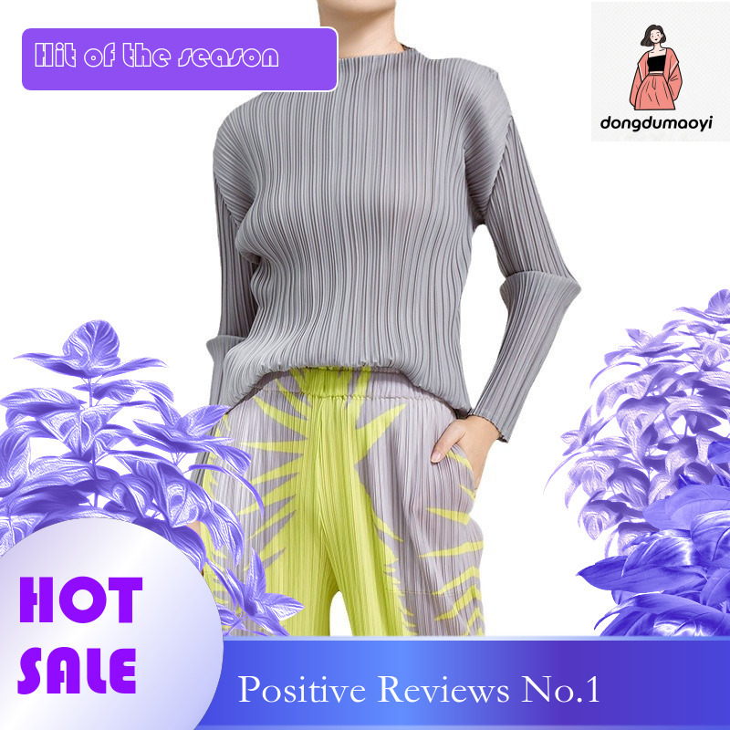 dongdumaoyi Miyake basic pleated top 2025 Spring and Autumn new Korean version slim fit half high neck striped long sleeved T-shirt