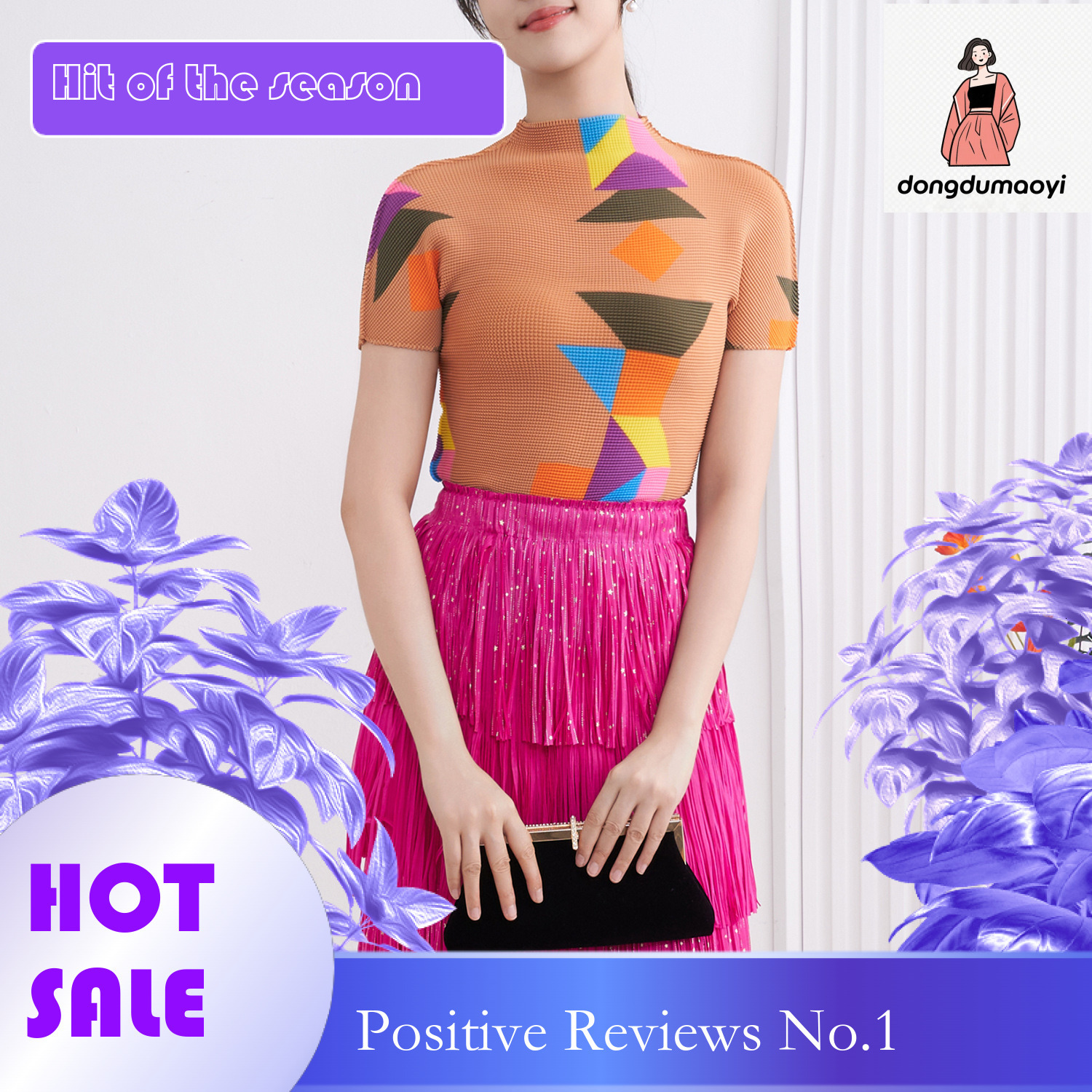 dongdumaoyi Counter quality pleated semi high neck T-shirt women in summer, with a high-end feel and printed slim fit temperament. Versatile top for w