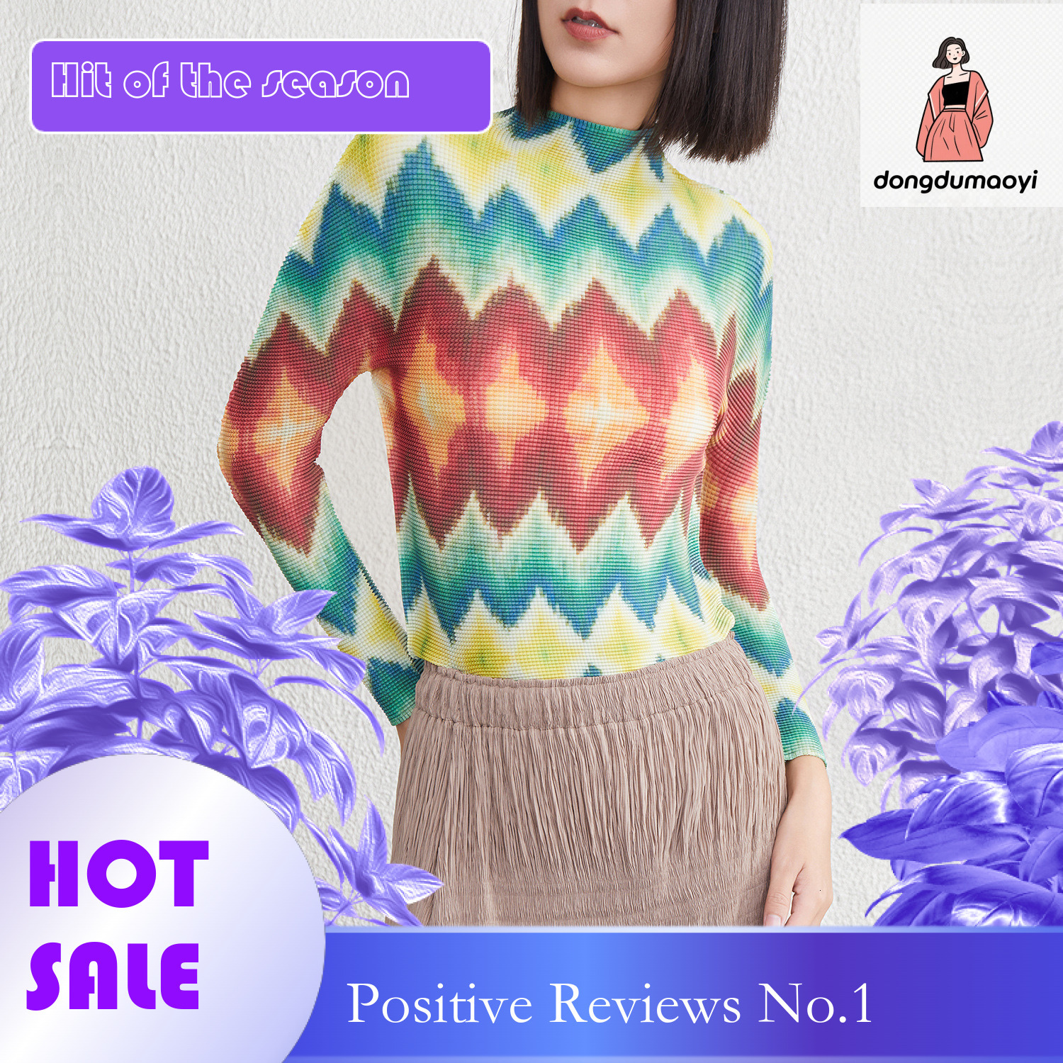 dongdumaoyi Miyake printed semi high neck base shirt for women in late autumn early winter, fashionable and western-style interior, long sleeved T-shi