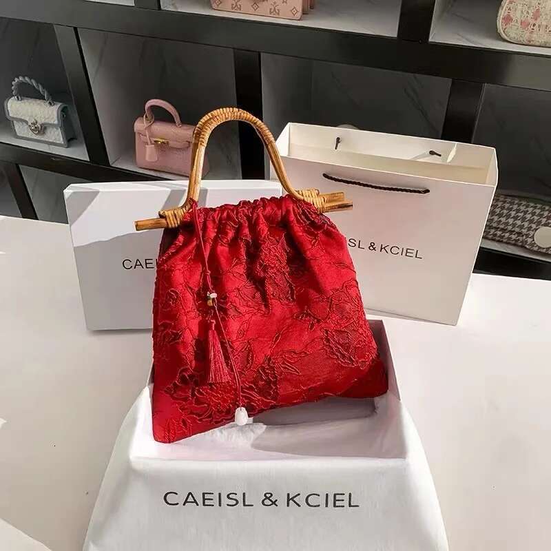 Bamboo Handheld Fashion Women Handbag Cotton Fabric Embroidery Handmade Bucket Large Capacity Tote Female Shoulder Bag