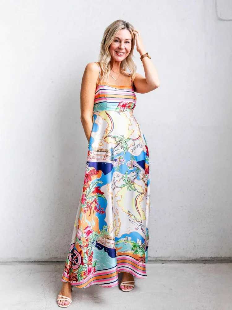2025 Summer Fashion New Womens Elegant Dress Printed High Waist Vacation Style Big Swing Vacation A-line Long DressXJ250514